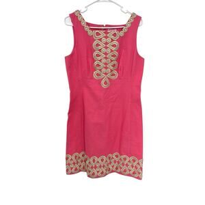Lilly Pulitzer Adelson Shift Dress Pink Gold Embroidery Size 10